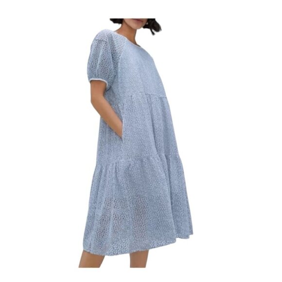EVERLANE THE TIERED EYELET MIDI DRESS BLUE / WHITE SIZE S, New with tag - Picture 4 of 16